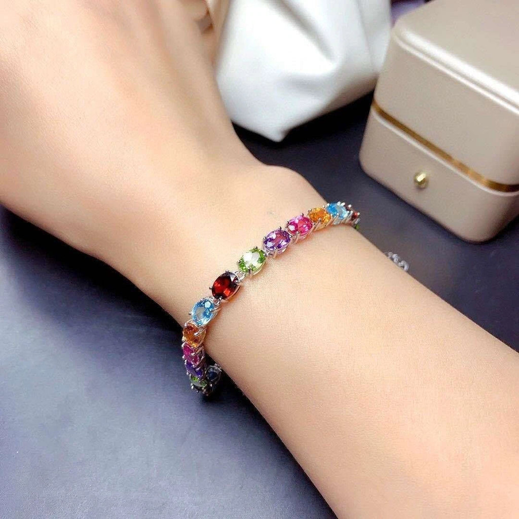 Silver plated chain bracelet with colorful cubic zirconia, hypoallergenic