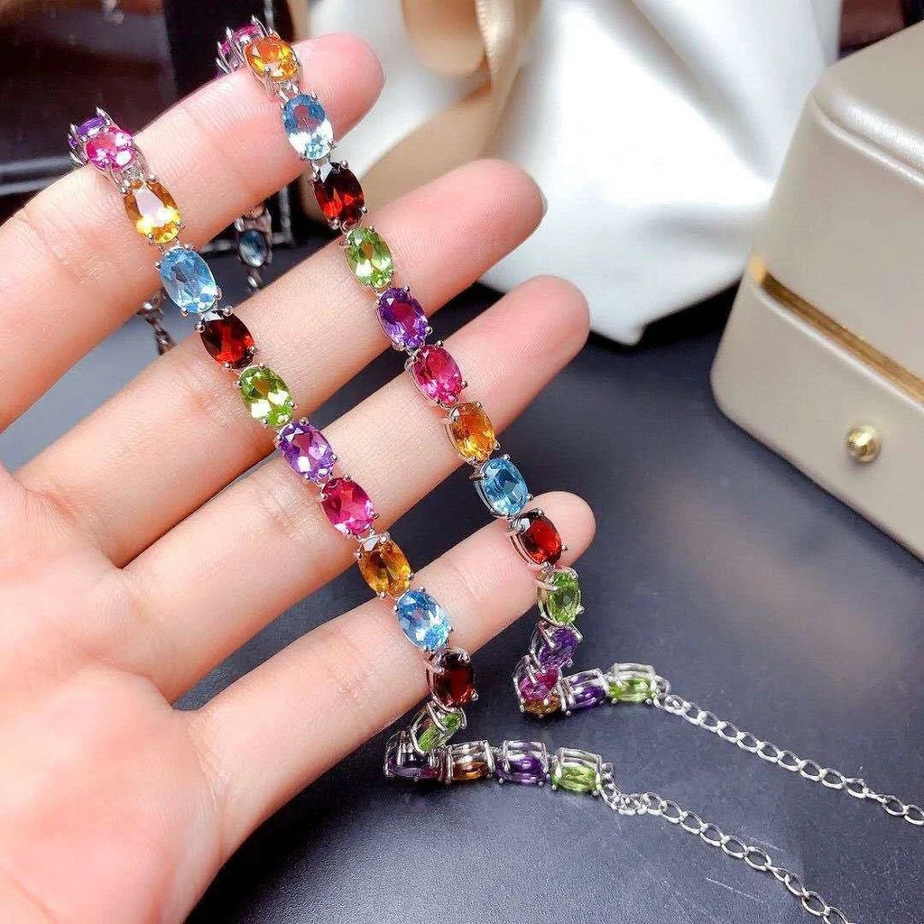 Silver plated chain bracelet with colorful cubic zirconia, hypoallergenic