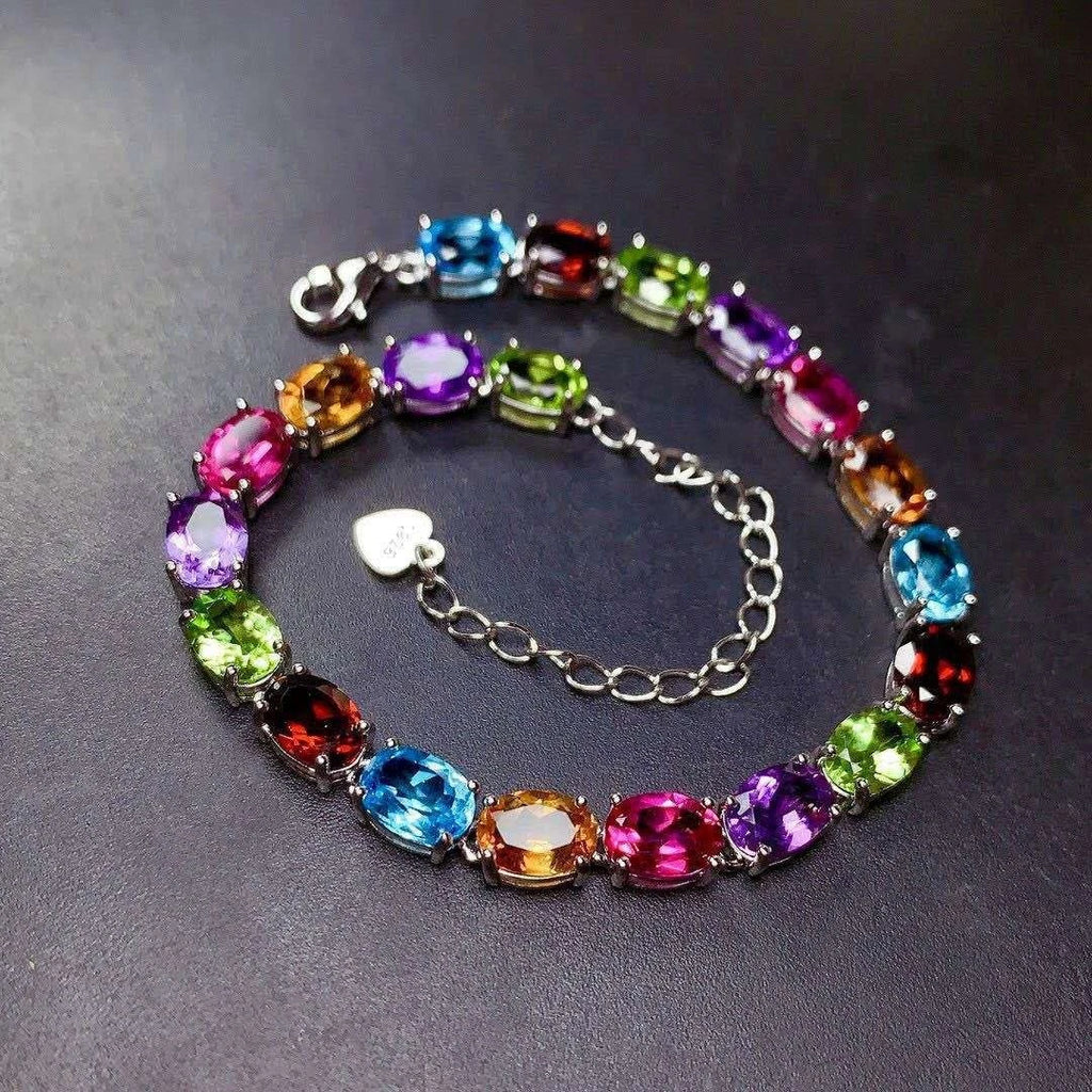 Silver plated chain bracelet with colorful cubic zirconia, hypoallergenic