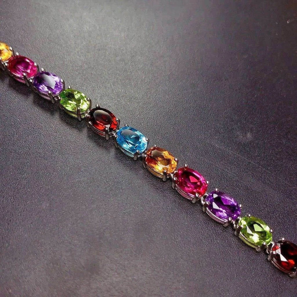 Silver plated chain bracelet with colorful cubic zirconia, hypoallergenic