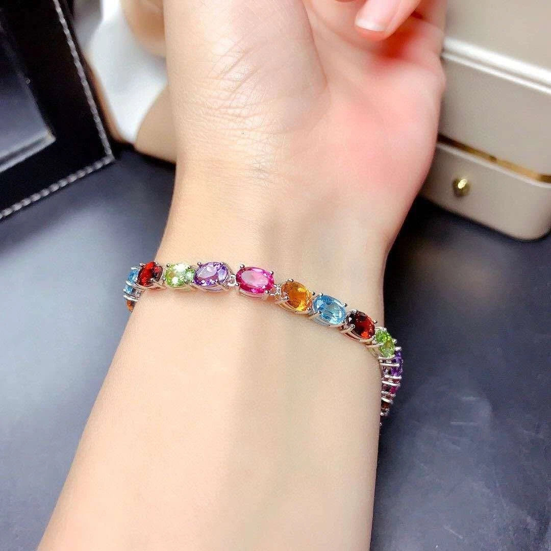 Kettenarmband mit silberbeschichteten, farbigen Zirkonias, antiallergen