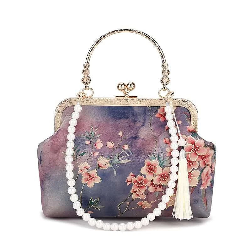 Borsa in seta jacquard floreale acquerello, stile orientale con nappa e perle