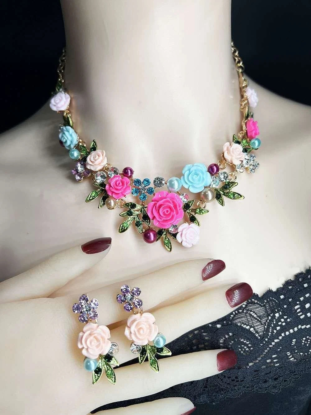 Schmuckset 2-teilig Halskette Blumen Harz Rosa Ohrhänger Strass Perlen