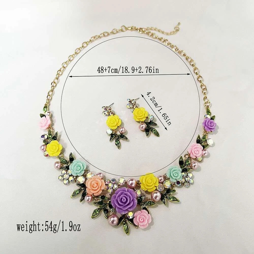 Schmuckset 2-teilig Halskette Blumen Harz Rosa Ohrhänger Strass Perlen