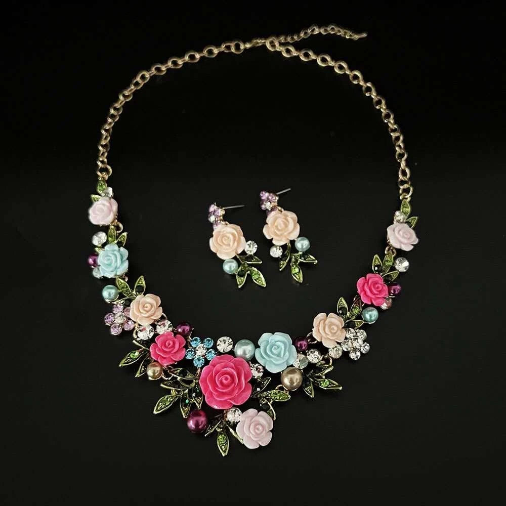 Schmuckset 2-teilig Halskette Blumen Harz Rosa Ohrhänger Strass Perlen