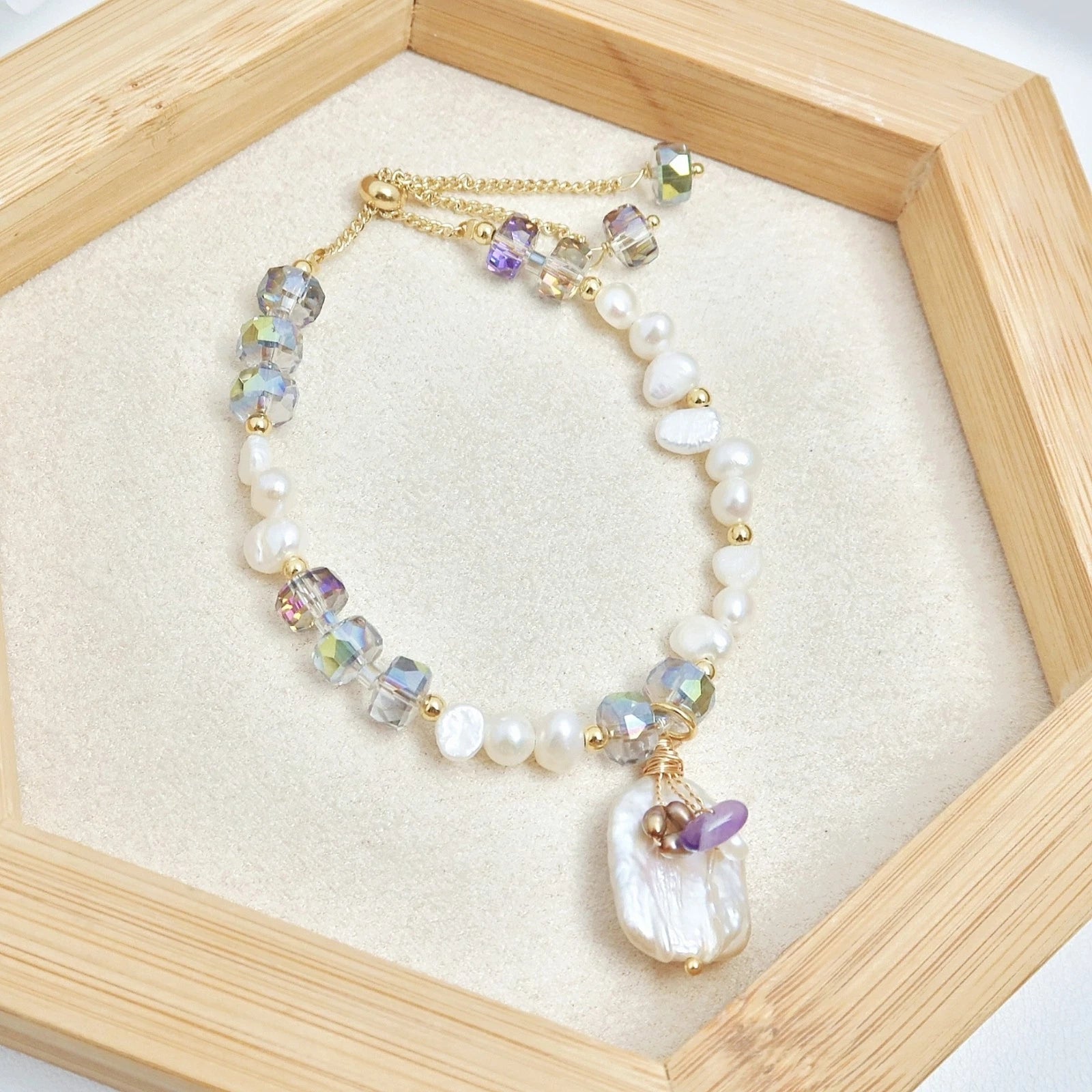 Armband echte Süßwasserperlen mit Kristallen und echtem barocken Perlenanhänger