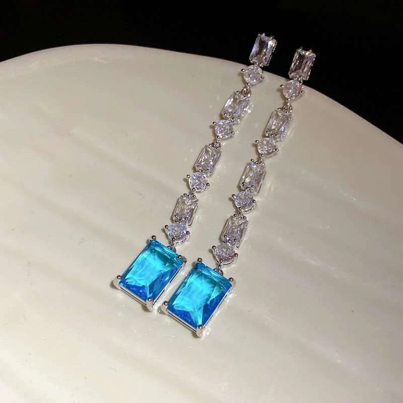 Orecchini Pendenti Lunghi con Zirconi Blu e Trasparenti, Plac Arg,Ipoallergenici