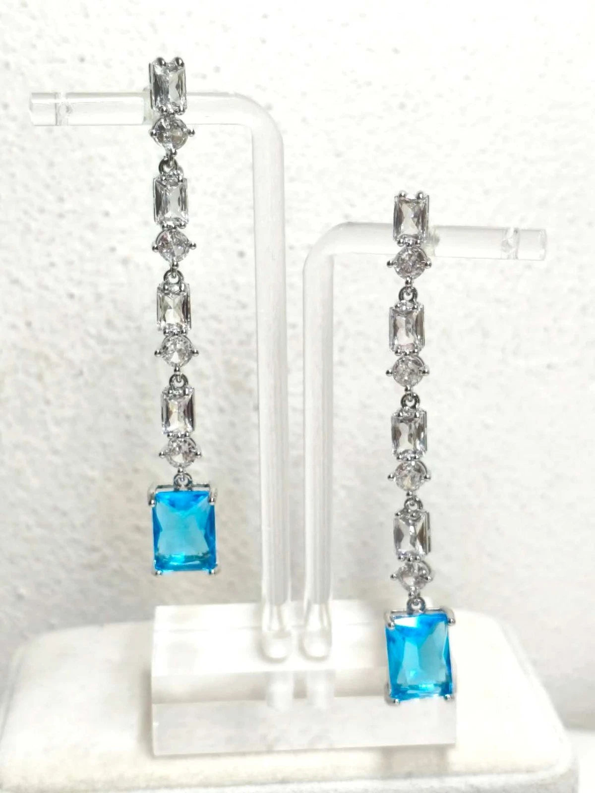 Orecchini Pendenti Lunghi con Zirconi Blu e Trasparenti, Plac Arg,Ipoallergenici