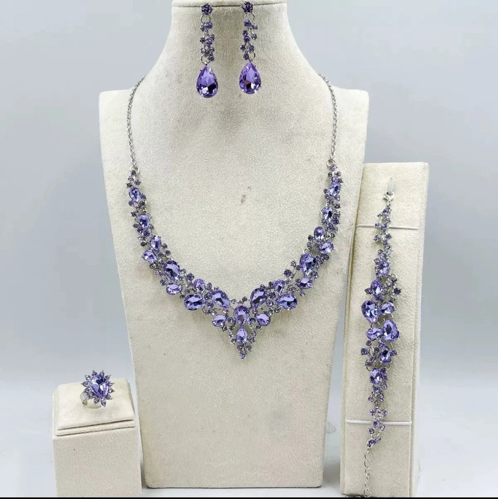 4 Pcs Lavender Purple Zircon Jewelry Set Necklace Earrings Bracelet Ring
