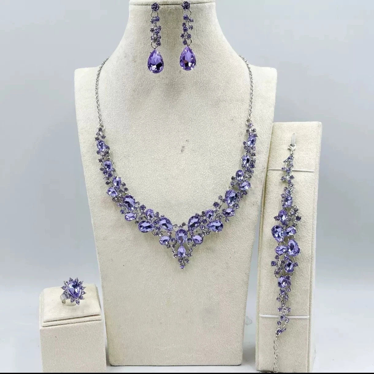 4 Pcs Lavender Purple Zircon Jewelry Set Necklace Earrings Bracelet Ring