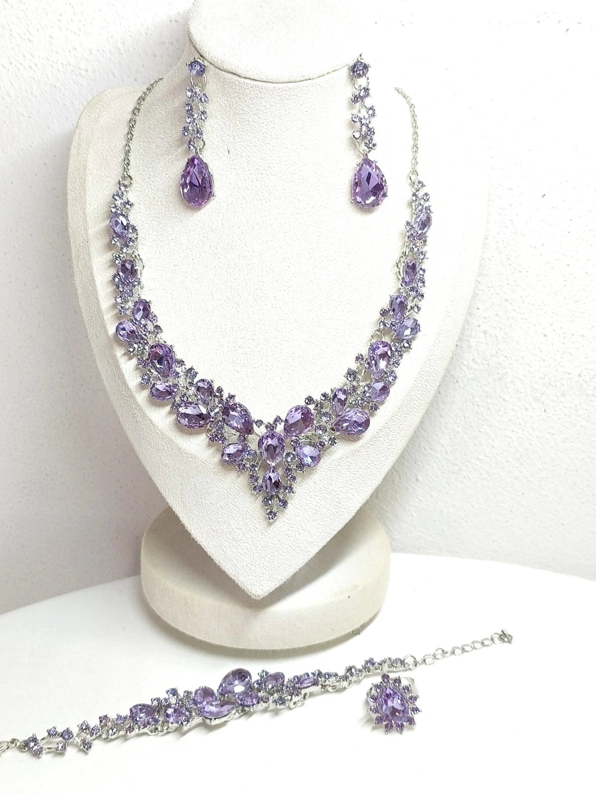 4 Pcs Lavender Purple Zircon Jewelry Set Necklace Earrings Bracelet Ring