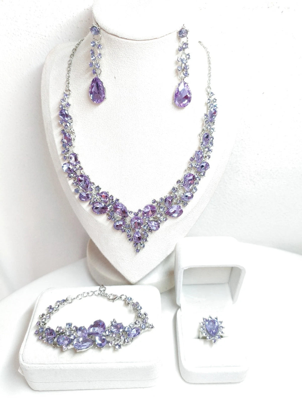 4 Pcs Lavender Purple Zircon Jewelry Set Necklace Earrings Bracelet Ring