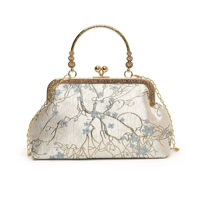 Borsa a mano broccata floreale pastello, pochette con cornice dorata vintage