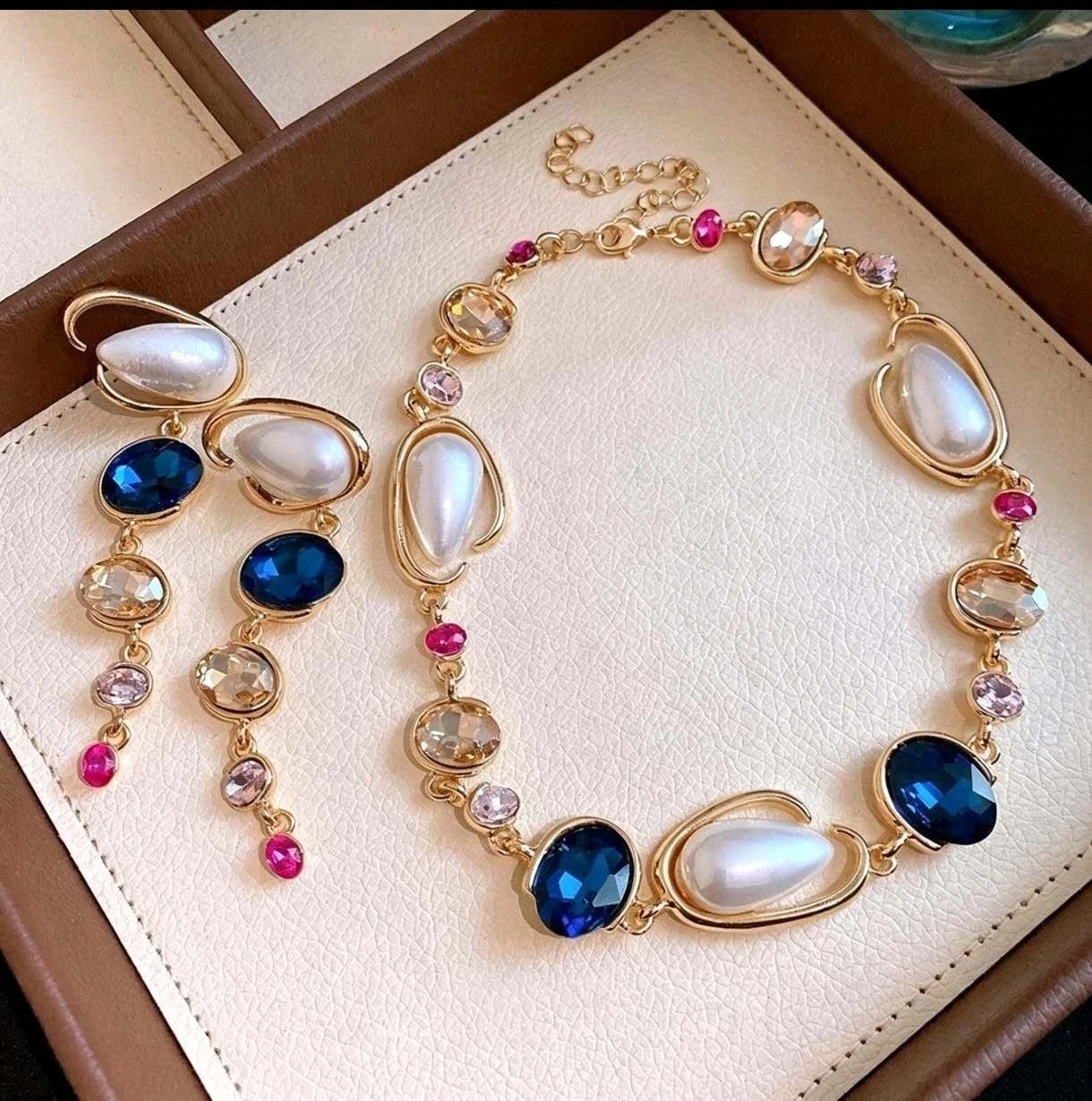 Fashion SET di perle irregolari, zirconi e cristalli blu 2 PEZZI