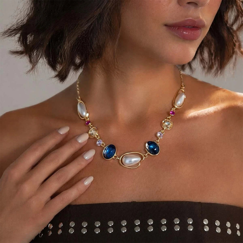 Fashion SET di perle irregolari, zirconi e cristalli blu 2 PEZZI