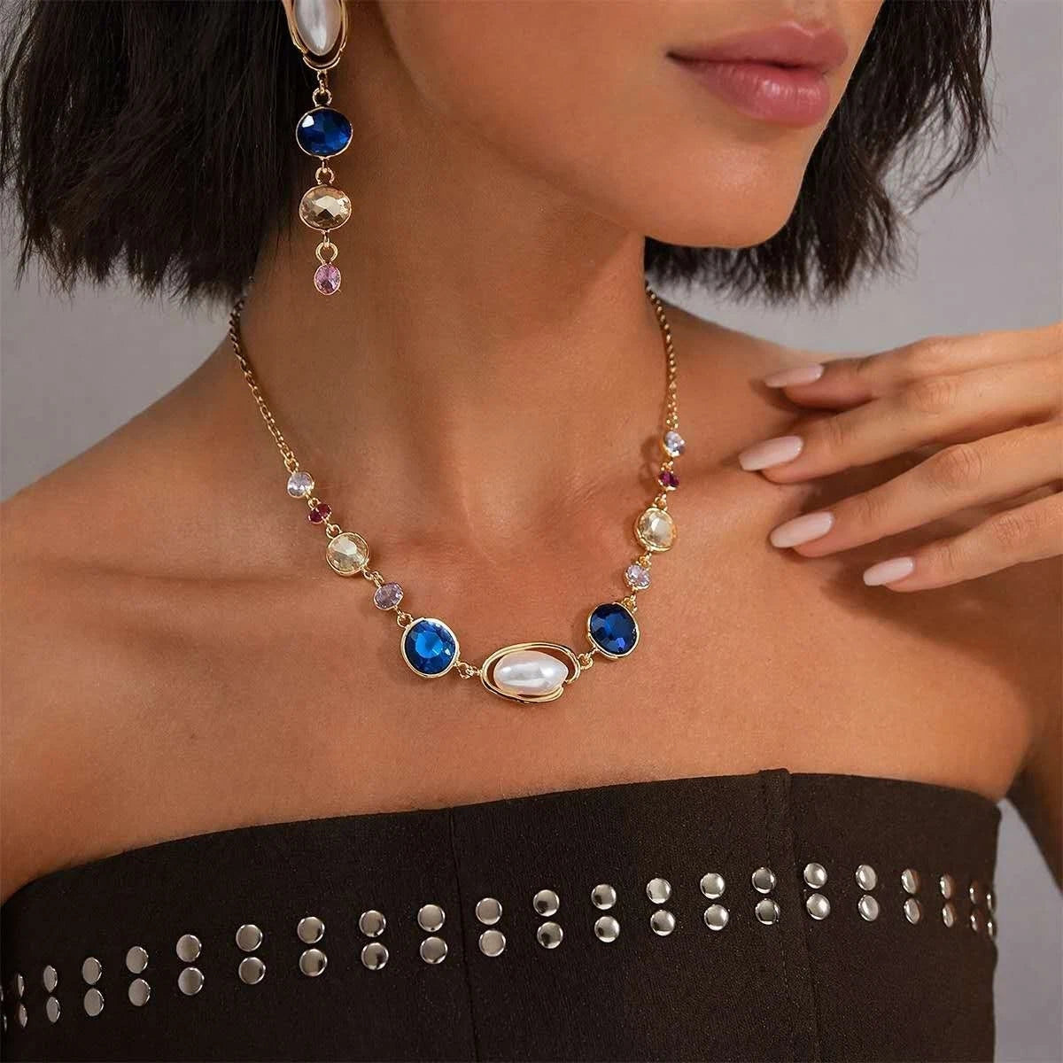Fashion SET di perle irregolari, zirconi e cristalli blu 2 PEZZI