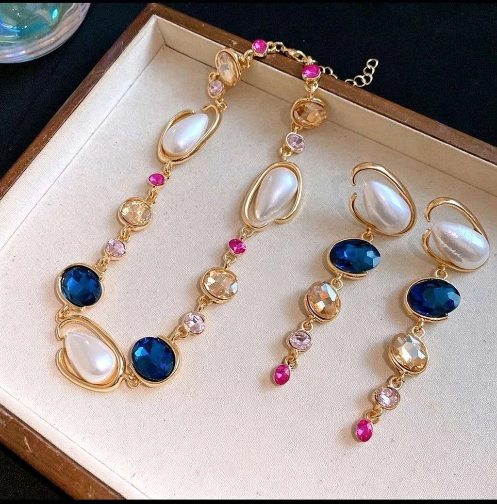 Fashion SET di perle irregolari, zirconi e cristalli blu 2 PEZZI