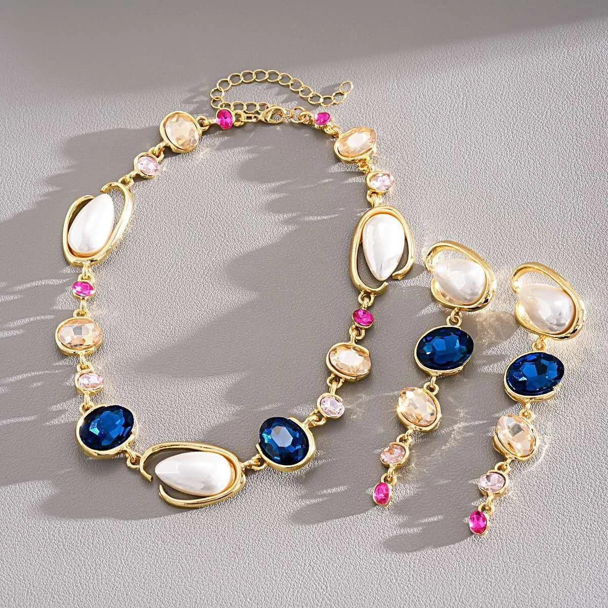 Fashion SET di perle irregolari, zirconi e cristalli blu 2 PEZZI