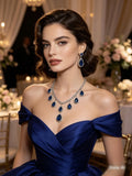 Set di gioielli con zirconi cubici a goccia blu zaffiro, collana e orecchini
