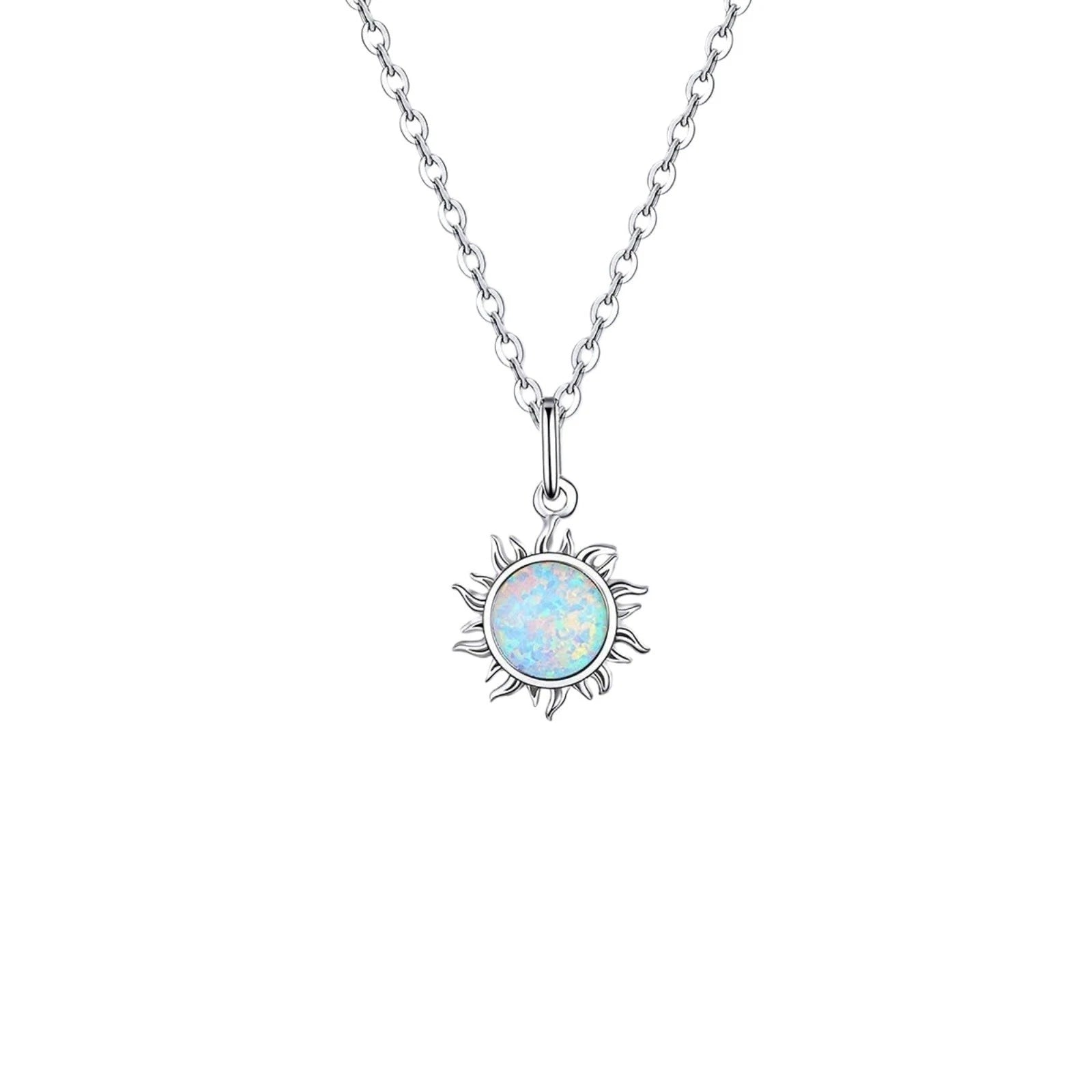collana placcato in oro bianco 18K d'opale con pendolo forma di sole