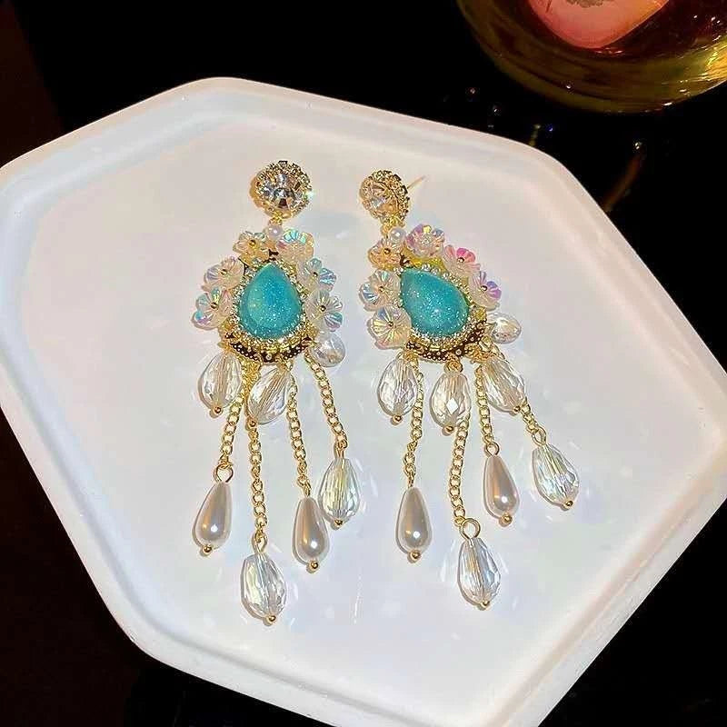 Boho Resin Turquoise Drop Crystal Pearl Tassel Gold Hypoallergenic Earrings