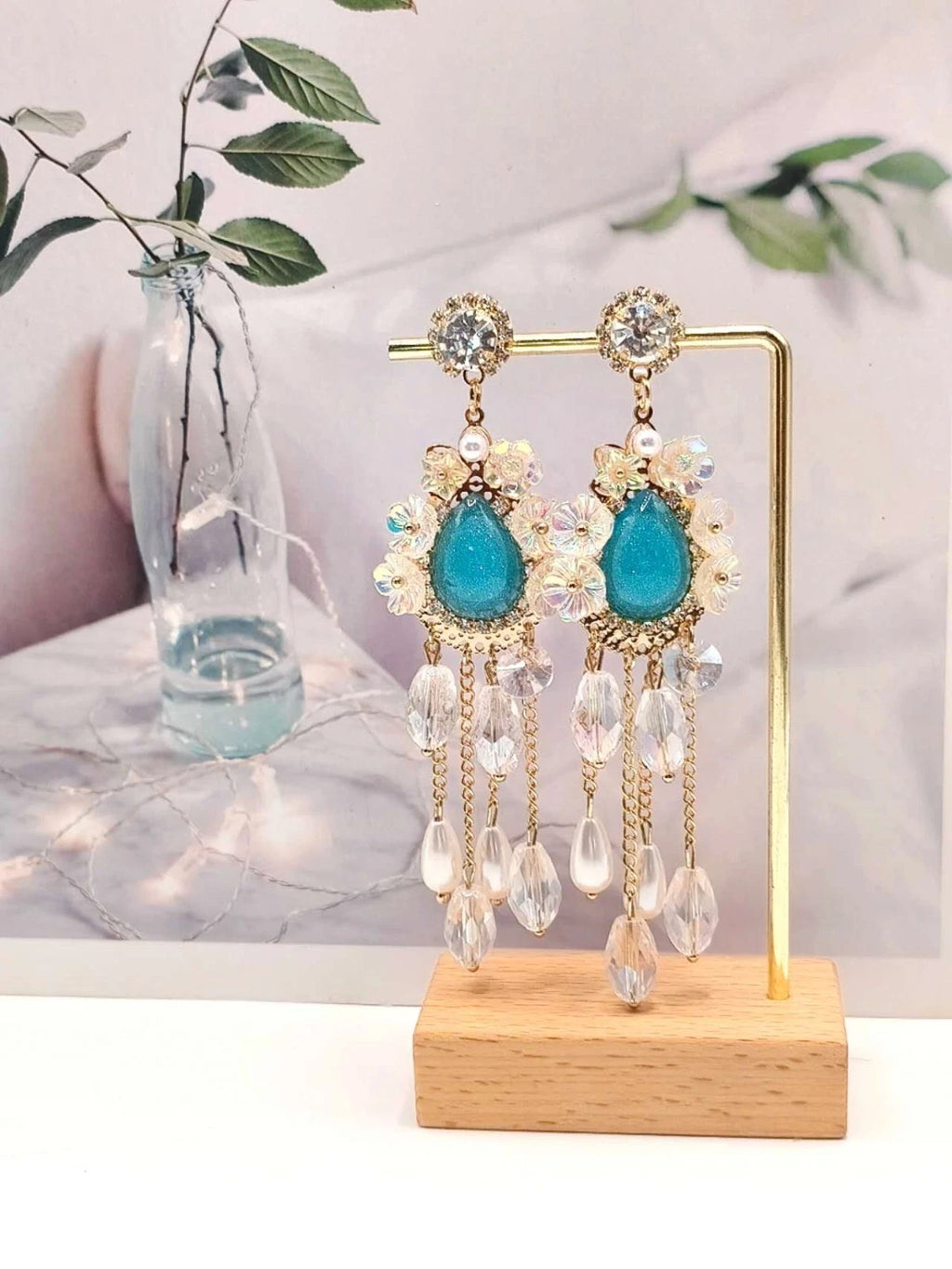 Boho Resin Turquoise Drop Crystal Pearl Tassel Gold Hypoallergenic Earrings