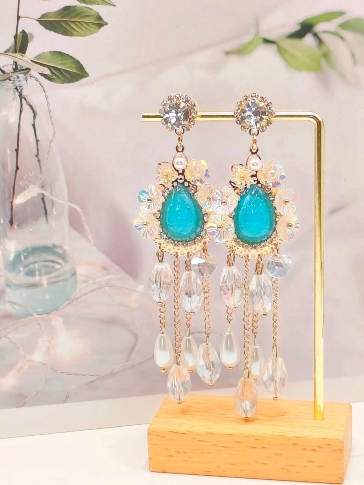 Boho Resin Turquoise Drop Crystal Pearl Tassel Gold Hypoallergenic Earrings