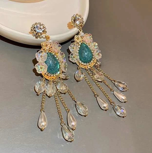 Boho Resin Turquoise Drop Crystal Pearl Tassel Gold Hypoallergenic Earrings