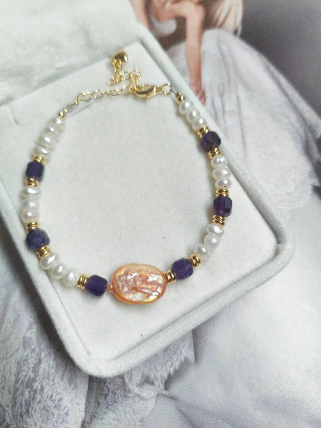 Bracciale Vintage Pietre Naturali Perla Barocca e Ametista