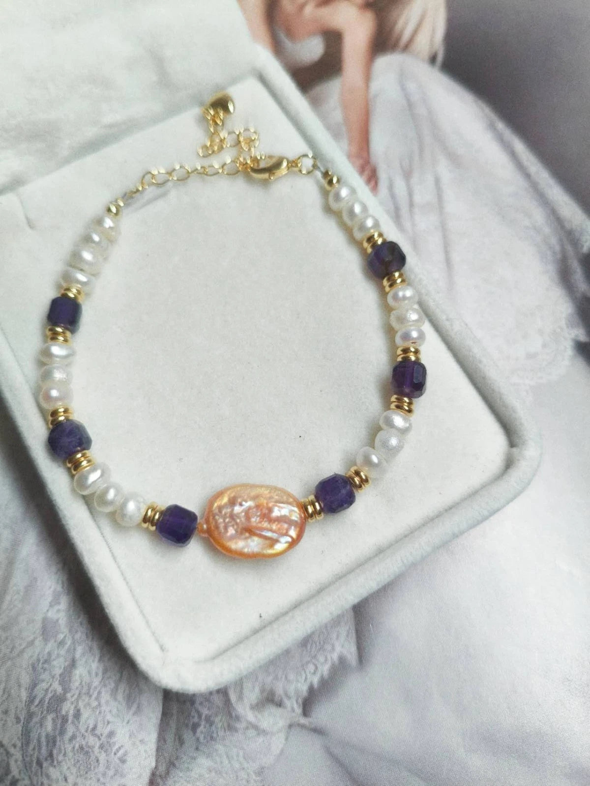 Bracciale Vintage Pietre Naturali Perla Barocca e Ametista