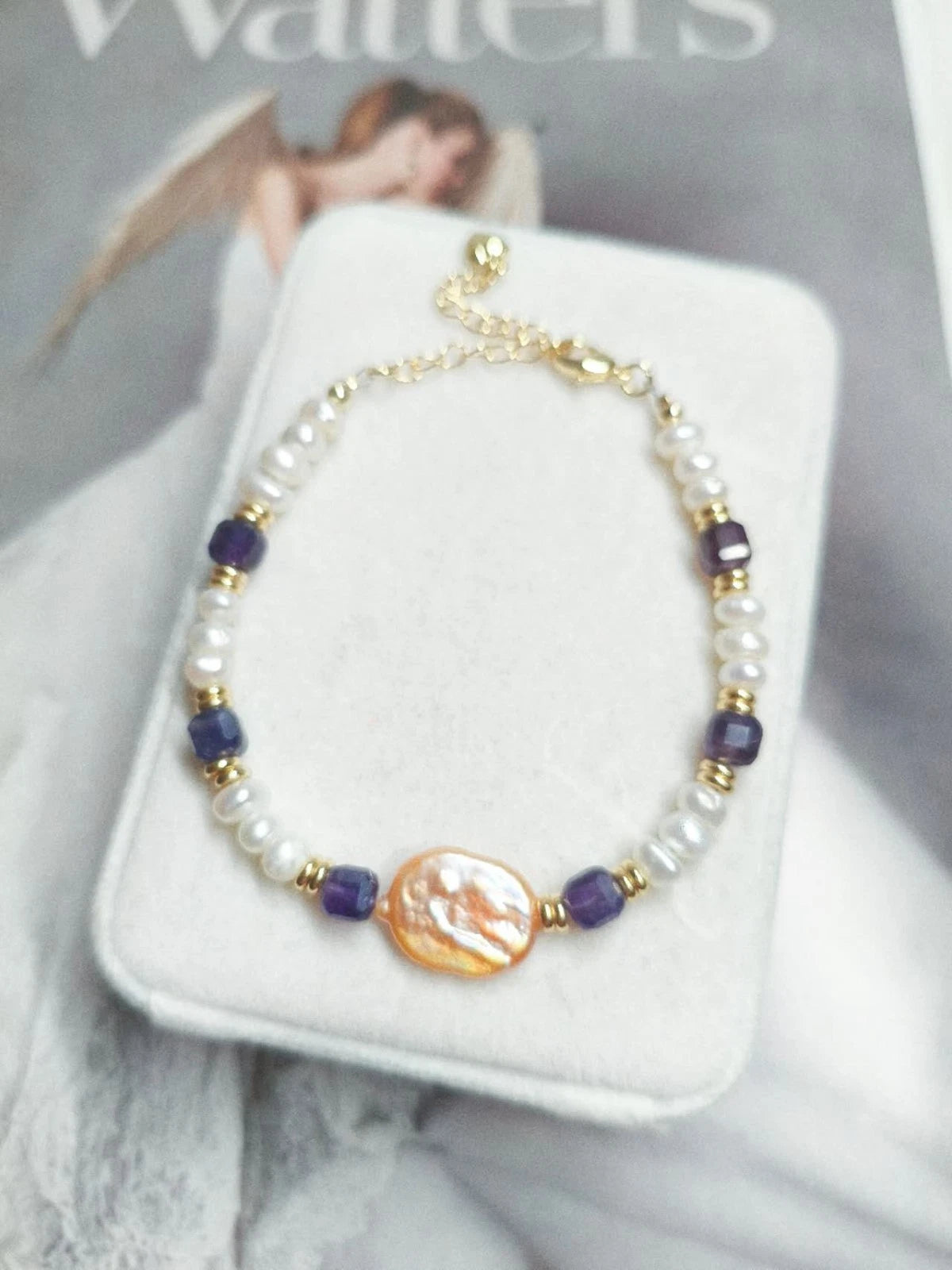 Vintage Armband Natursteine Barockperle und Amethyst