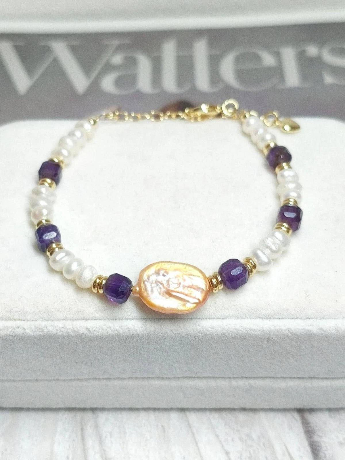 Vintage Armband Natursteine Barockperle und Amethyst