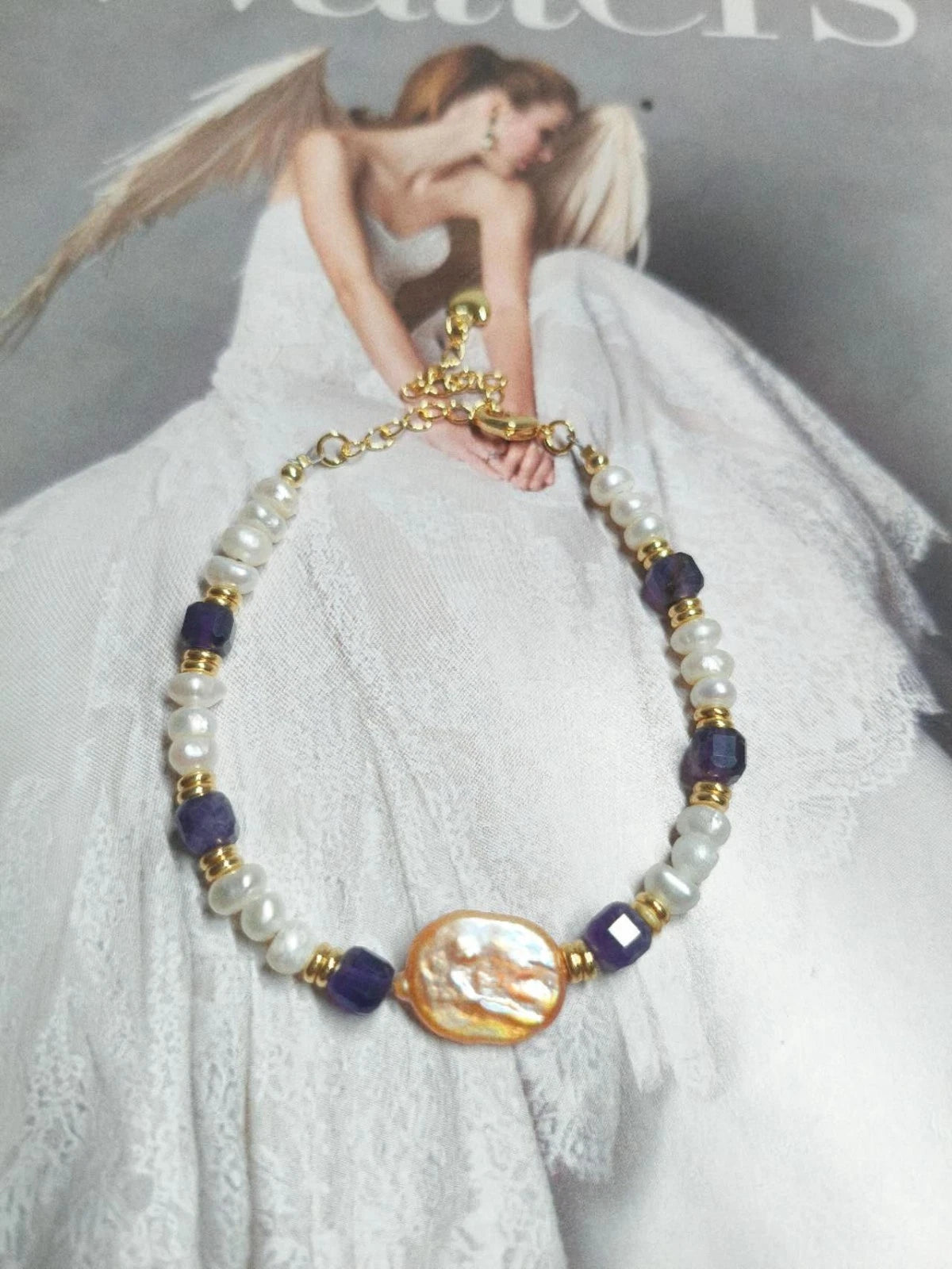 Vintage Armband Natursteine Barockperle und Amethyst