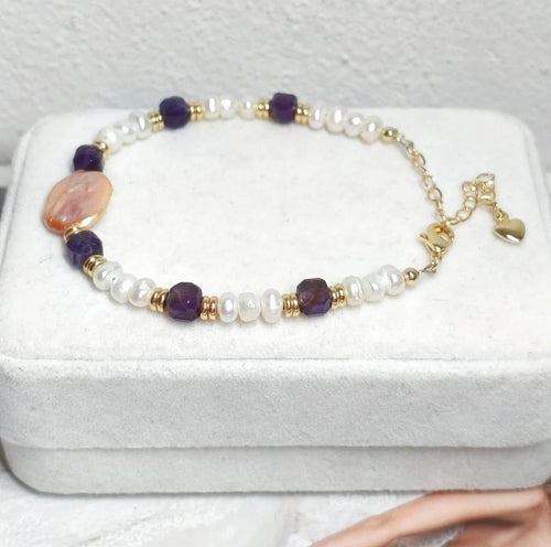 Vintage Armband Natursteine Barockperle und Amethyst