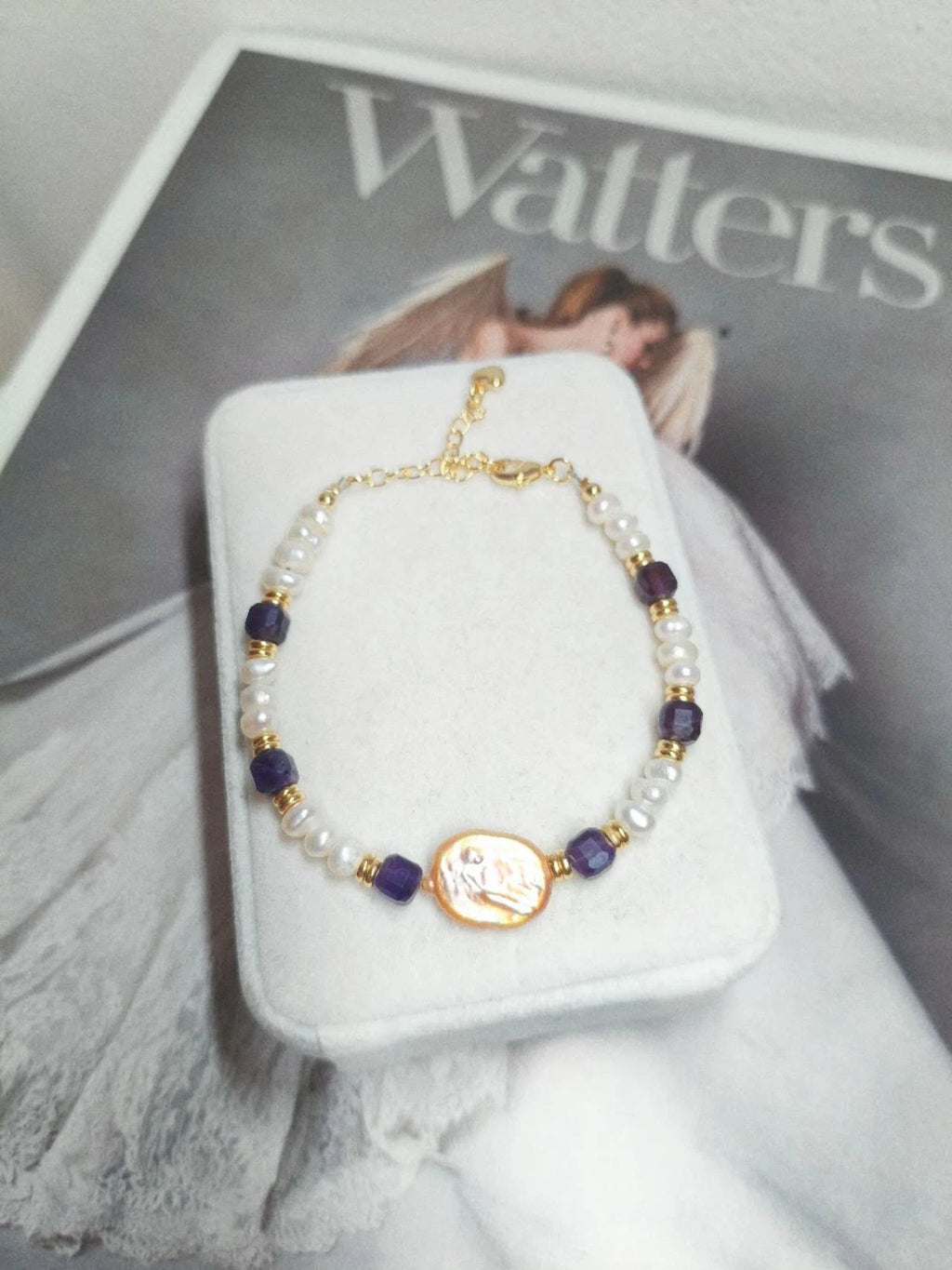 Bracciale Vintage Pietre Naturali Perla Barocca e Ametista
