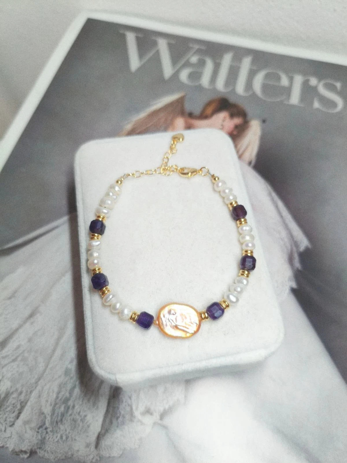 Vintage Armband Natursteine Barockperle und Amethyst