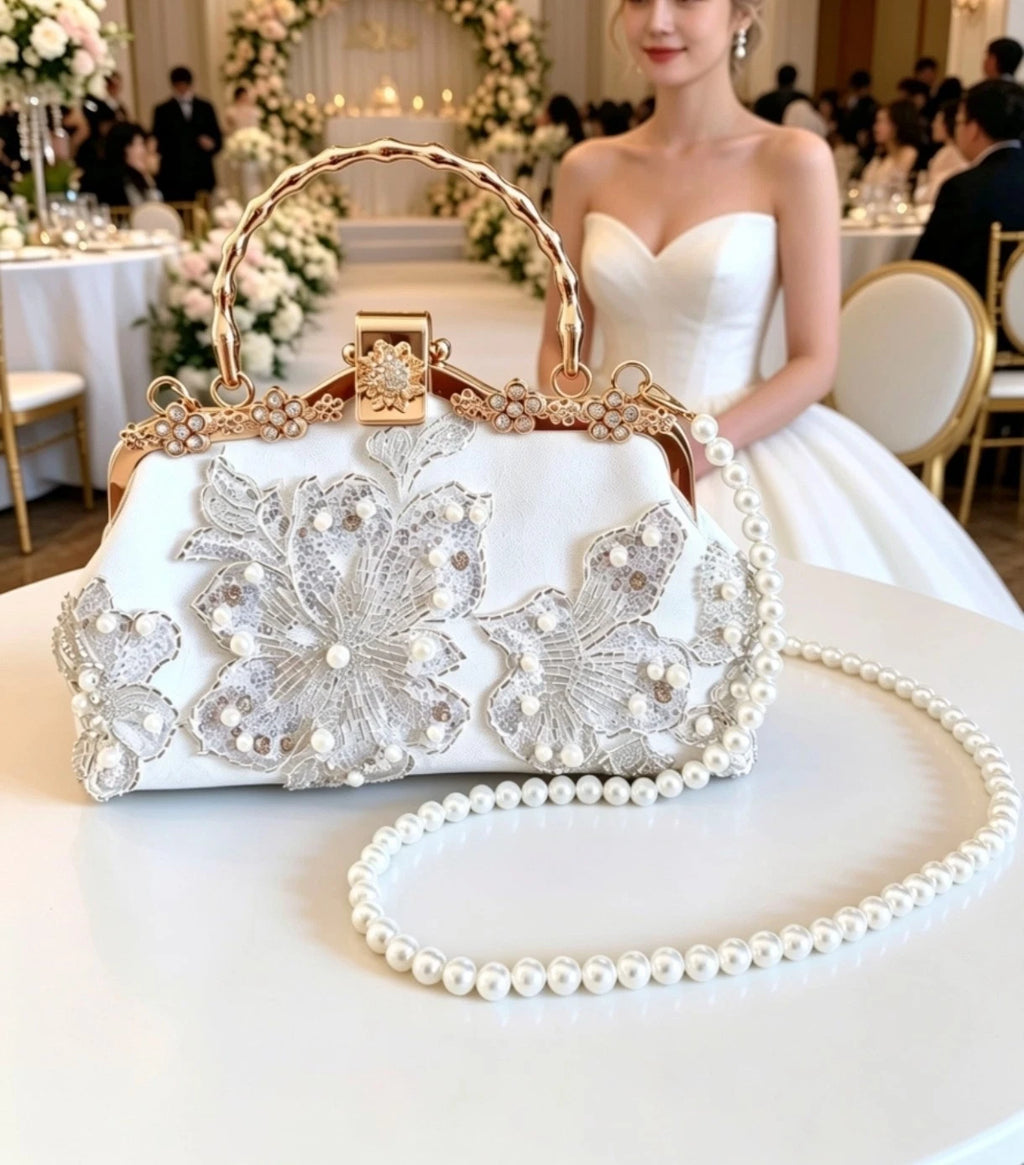 Hand-Embroidered Evening Clutch Pearl Rhinestone White Lace Gold Shoulder Strap