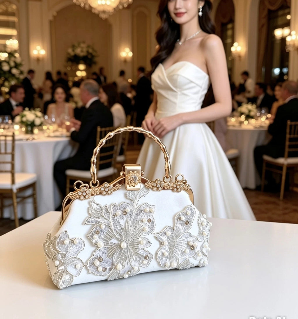 Hand-Embroidered Evening Clutch Pearl Rhinestone White Lace Gold Shoulder Strap