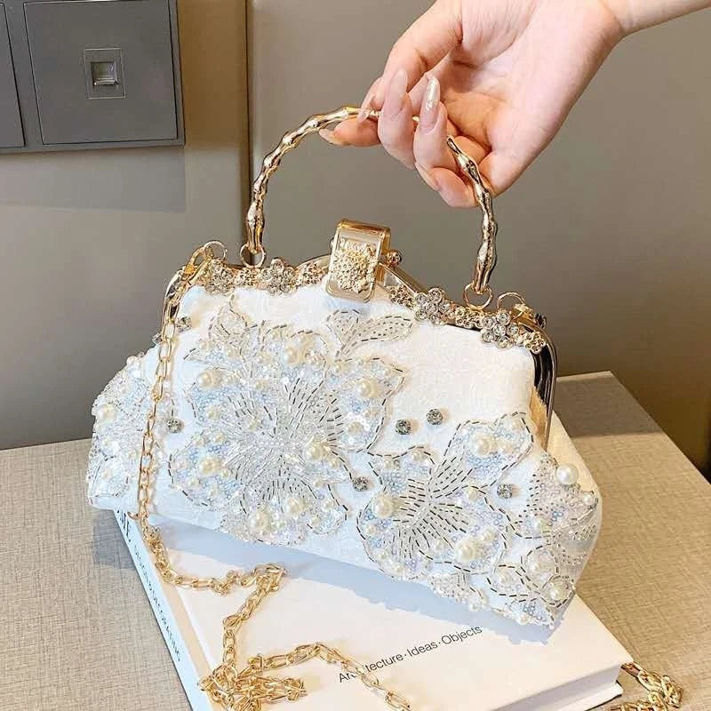 Hand-Embroidered Evening Clutch Pearl Rhinestone White Lace Gold Shoulder Strap