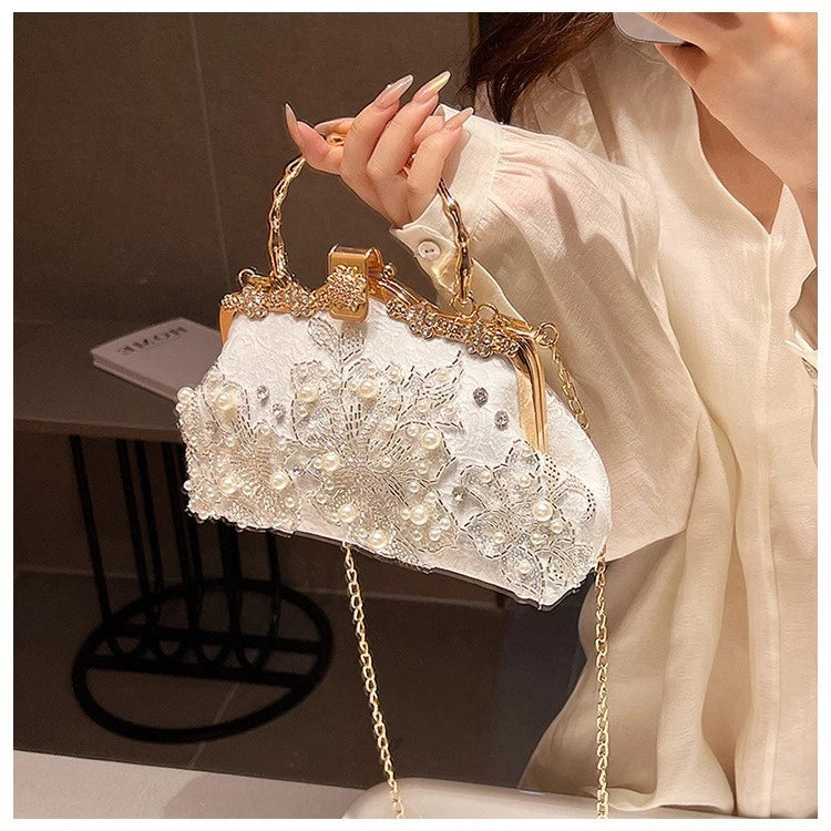Hand-Embroidered Evening Clutch Pearl Rhinestone White Lace Gold Shoulder Strap