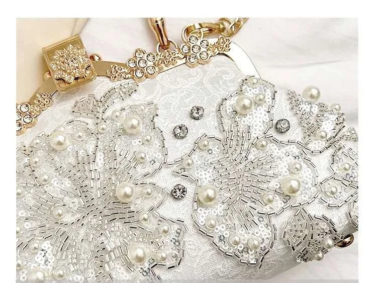 Hand-Embroidered Evening Clutch Pearl Rhinestone White Lace Gold Shoulder Strap