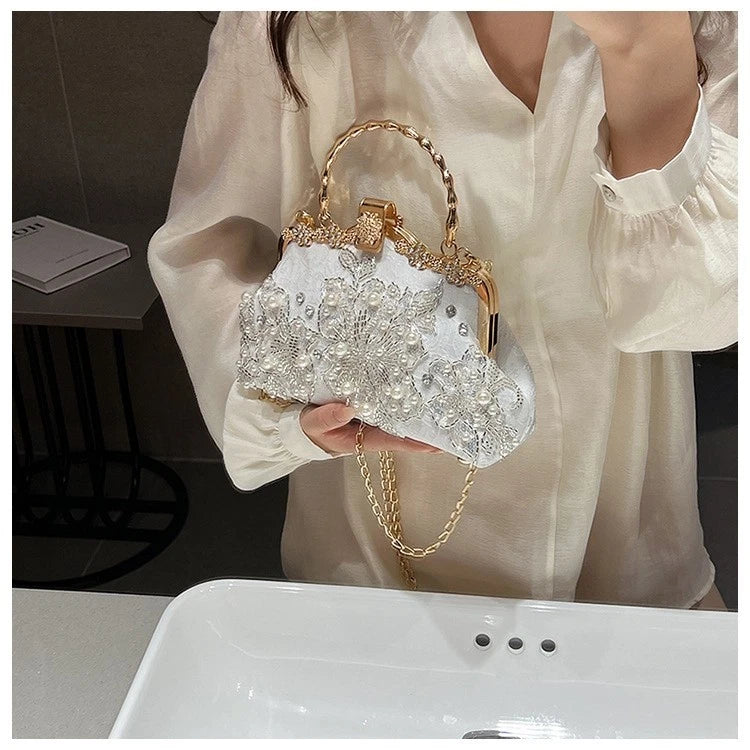 Hand-Embroidered Evening Clutch Pearl Rhinestone White Lace Gold Shoulder Strap