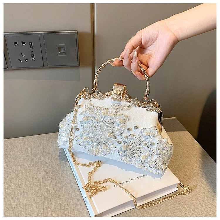 Hand-Embroidered Evening Clutch Pearl Rhinestone White Lace Gold Shoulder Strap