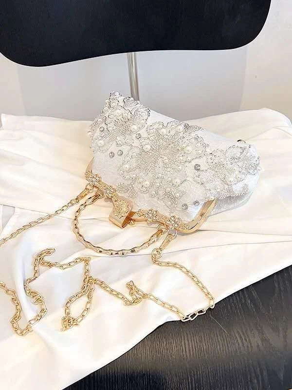 Hand-Embroidered Evening Clutch Pearl Rhinestone White Lace Gold Shoulder Strap