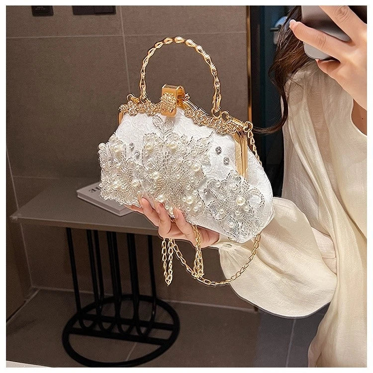 Hand-Embroidered Evening Clutch Pearl Rhinestone White Lace Gold Shoulder Strap