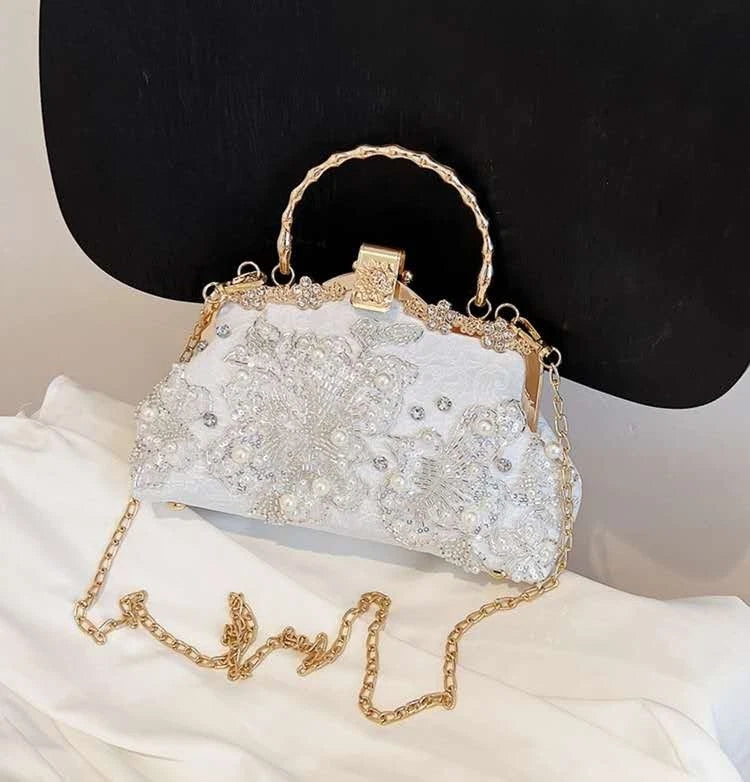 Hand-Embroidered Evening Clutch Pearl Rhinestone White Lace Gold Shoulder Strap