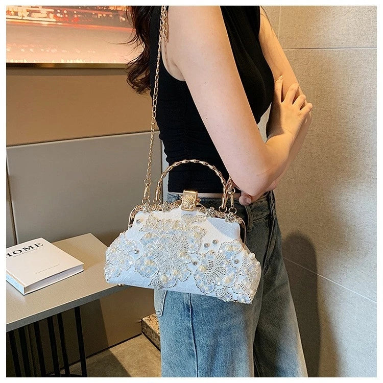 Hand-Embroidered Evening Clutch Pearl Rhinestone White Lace Gold Shoulder Strap