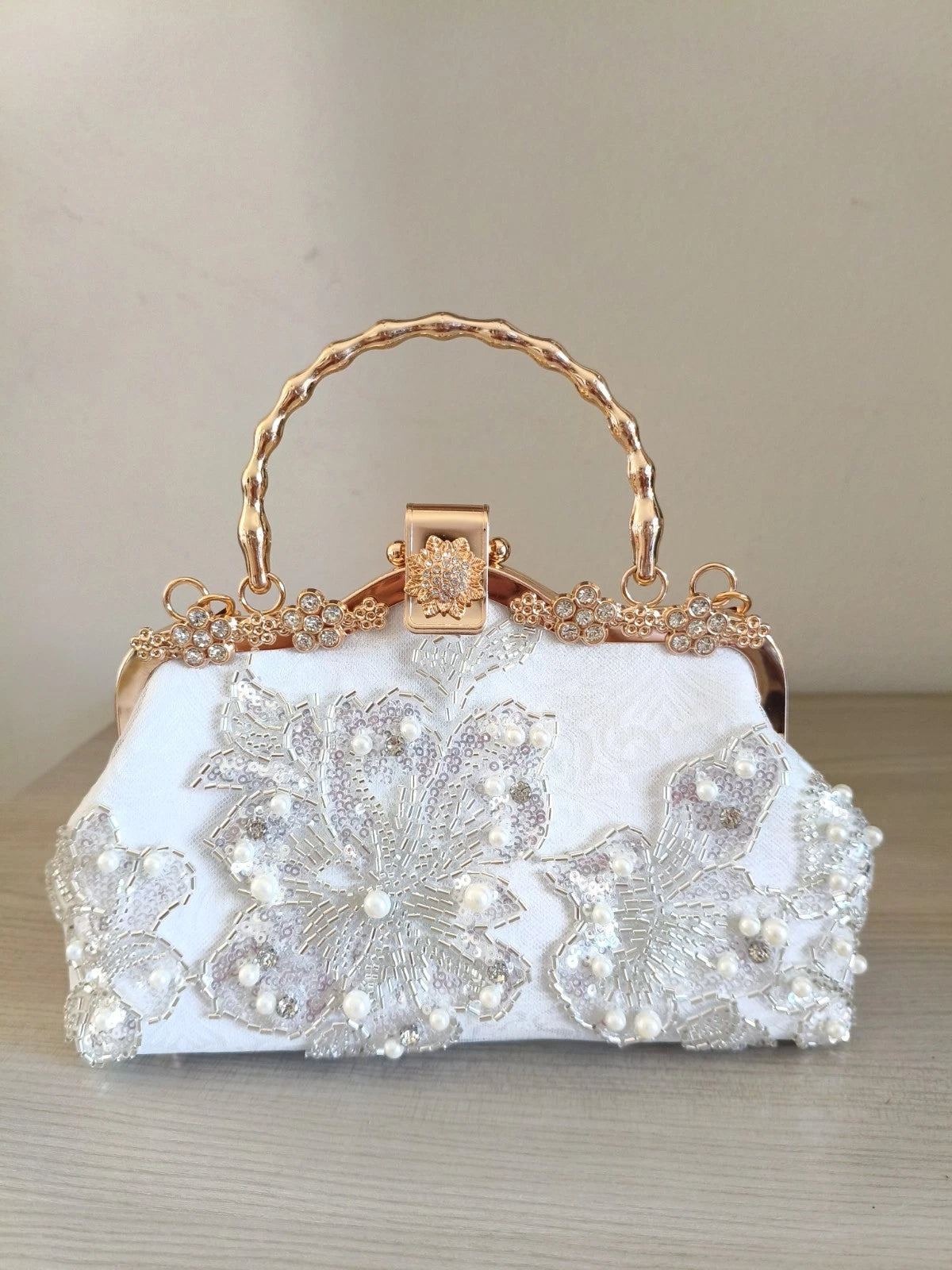 Hand-Embroidered Evening Clutch Pearl Rhinestone White Lace Gold Shoulder Strap