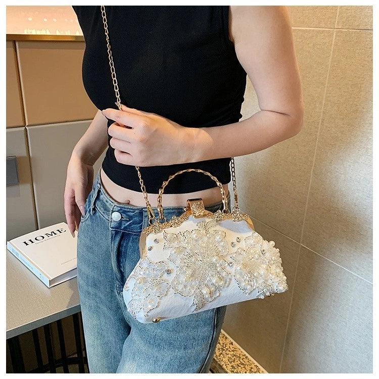 Hand-Embroidered Evening Clutch Pearl Rhinestone White Lace Gold Shoulder Strap