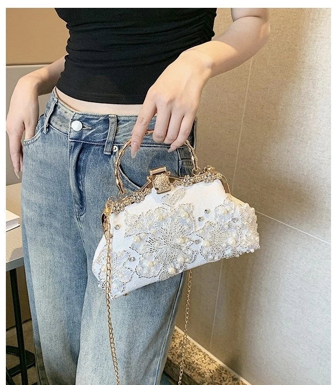 Hand-Embroidered Evening Clutch Pearl Rhinestone White Lace Gold Shoulder Strap